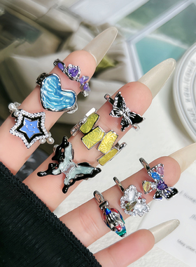 甜酷韩版蝴蝶滴釉高级感开口戒指女个性小众设计感冷淡风气质指环