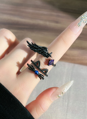 欧美暗黑风猫咪潮酷羽翼个性小众开口戒指无性别风朋克时尚食指戒