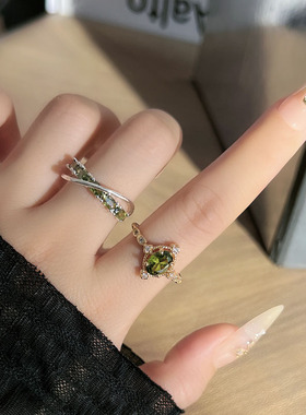 法式高级设计感橄榄绿锆石排钻开口戒指女复古精致时尚百搭食指戒
