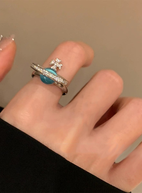 立体土星海蓝色猫眼石开口戒指女ins小众设计高级感叠戴指环潮