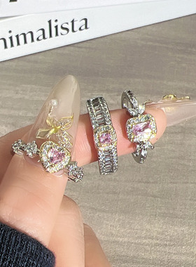 超闪爱心方形粉钻名媛风微镶气质戒指女甜酷时尚轻奢高级感食指戒