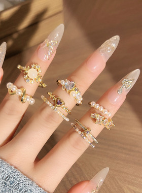 鎏金碎钻时尚ins冷淡风戒指女甜酷元气珍珠小众双层爱心叠戴指环