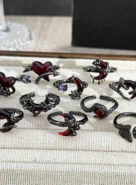 赤夜幽月朋克不规则肌理血月爱心暗黑风戒指中性风小众设计感指环