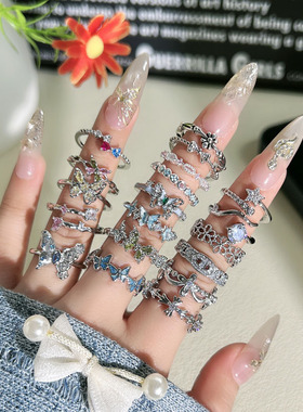 韩版简约轻奢微镶几何蝴蝶闪钻戒指女ins冷淡风小众气质百搭指环