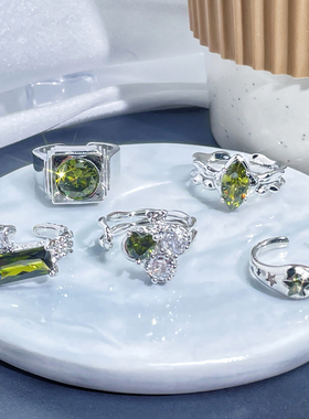 小众设计感复古简约橄榄绿不规则褶皱开口戒指女轻奢气质时尚指环