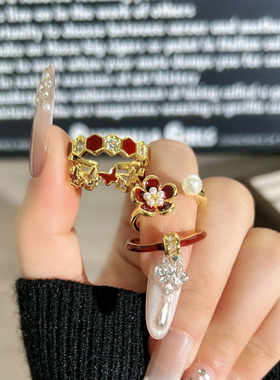 时髦复古安可拉红滴釉质感显白几何花朵开口戒指女小众轻奢指环潮