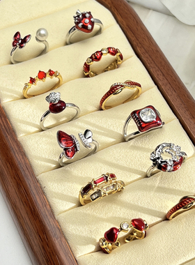 甜酷安哥拉红色滴釉时尚开口戒指女小众设计精致本命年冷淡风指环