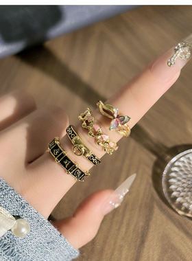 桃枝春野甜酷链条爱心珐琅气质戒指女冷淡风小众轻奢复古黑纹指环