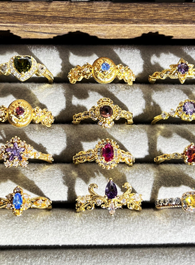 奶奶同款中古风金色质感轻奢戒指女花纹拉丝紫钻高级感甜酷指环潮