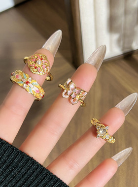 粉黛蝶影早春氛围感国风珐琅彩开口戒指女轻奢小众冷淡风复古指环