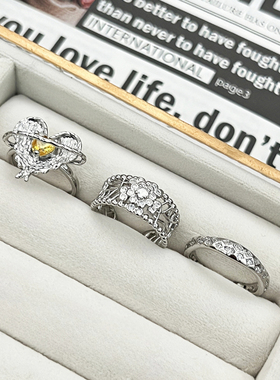 小香风气质镂空微镶时尚开口戒指女甜酷黄钻褶皱爱心环绕精致指环