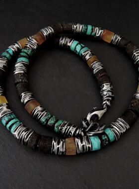 天然琥珀绿松石宝石氧化纯银项链