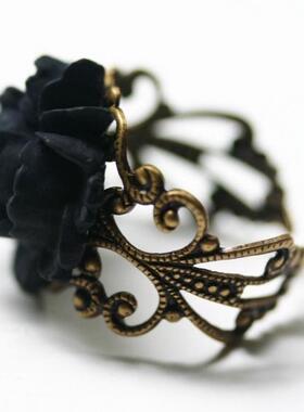 维多利亚浪漫黑色玫瑰可调节戒指