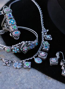缤纷彩色水晶花朵银色手链复古