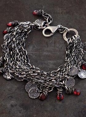 石榴石银盘层状多股链状手链纯银