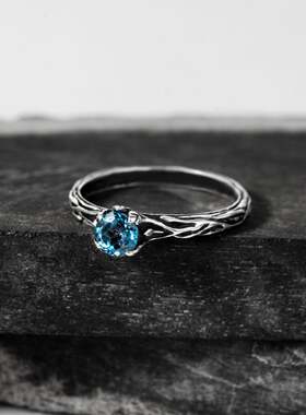 天然蓝色托帕石宝石树枝戒指纯银