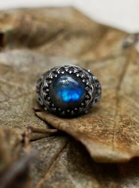 天然拉长石宝石镶嵌猫戒指纯银