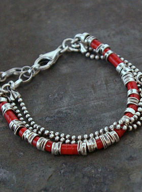 女纯银复古红色宝石串珠银珠手链