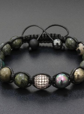 黑曜石彩虹色灰壳珍珠串珠手链