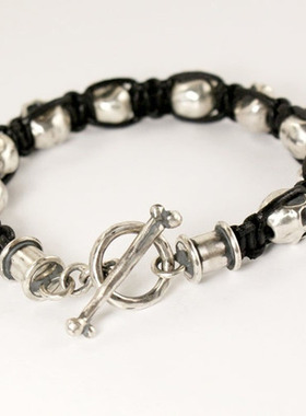 骷髅真皮绳编织氧化纯银男士手链