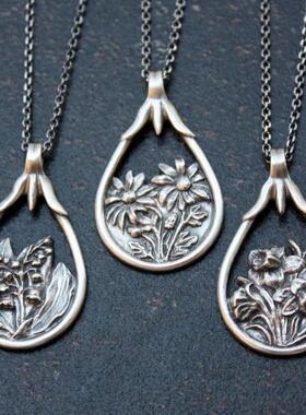 雏菊铃兰花雕刻氧化纯银吊坠项链