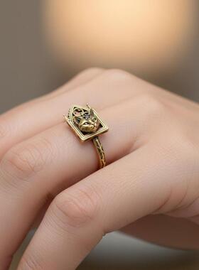 哥特纯银镀金荆棘猫戒指