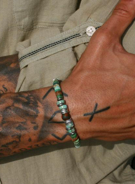 男复古玛瑙绿灰绿松石珠子手链