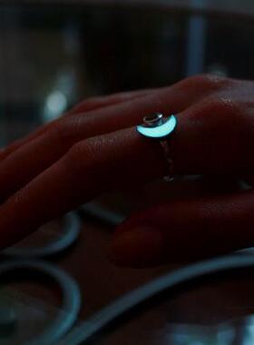 银色月亮月牙可调夜光戒指纯银