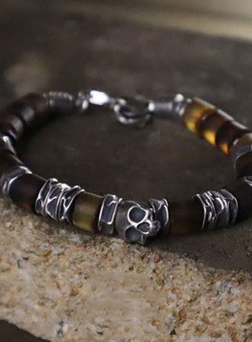 925纯银天然琥珀手链银珠锤击