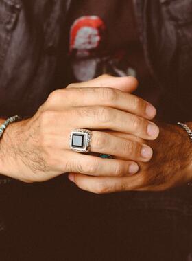 男士纯银戒指方形黑玛瑙