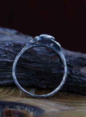 手作蓝宝石镶氧化纯银树枝戒指