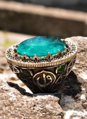 帕拉伊巴宝石镶嵌碧玺雕刻戒指