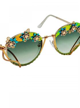 美国代购手作花朵渐变太阳镜