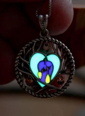 纯银两只小猫心形树枝项链夜光