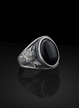 狼雕刻动物黑色玛瑙图章纯银戒指