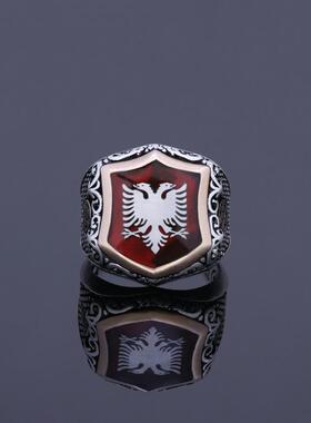 纯银复古红珐琅老鹰盾牌雕刻戒指