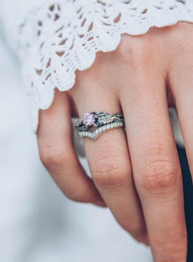 橡树叶枝大号粉色碧玺纯银戒指