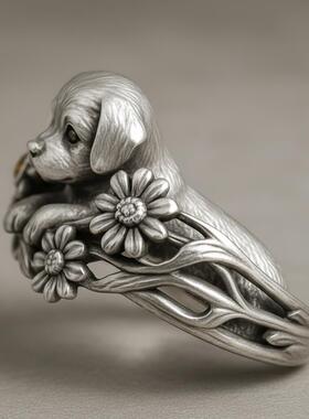 美国代购手作纯银小狗雏菊戒指