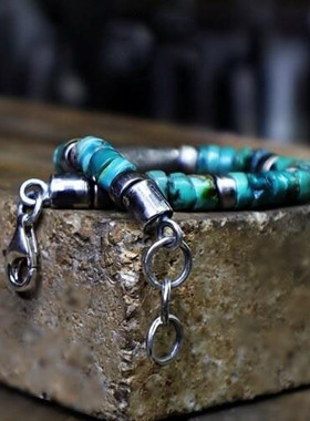 情侣纯银复古天然绿松石手链银珠