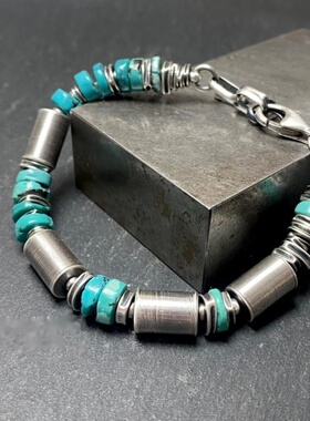 情侣纯银复古天然绿松石串珠手链