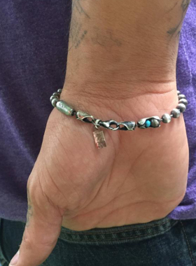 男纯银复古绿松石镶嵌球链手链