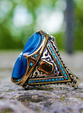 纯银复古大蓝色弯曲琥珀石头戒指