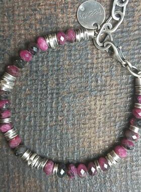 纯银红宝石刻面串珠间隔银珠手链