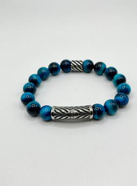 男士天然蓝色虎眼石宝石串珠手链