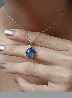 纯银女天然蓝色蓝晶石项链皇冠