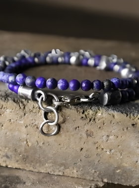 蓝色青金石宝石骷髅串珠纯银手链