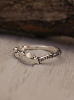 纯银自然小树枝叶子树皮V形戒指