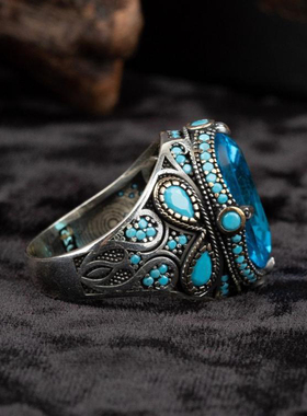 纯银复古蓝色锆石微绿松石戒指