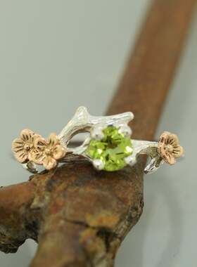 小树枝樱花花朵14K玫瑰金戒指