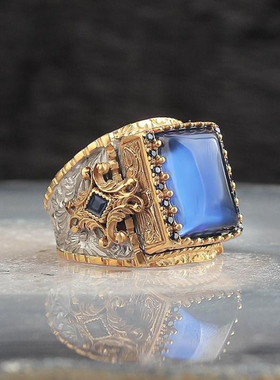 蓝色锆石镶嵌纯银男士戒指